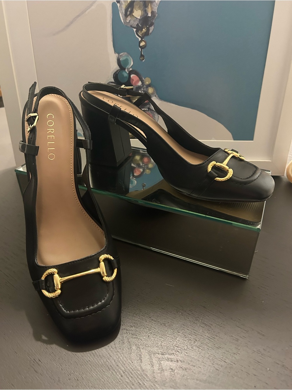 CORELLO Black Leather Slingback Block Heel Pumps with Gold Buckle